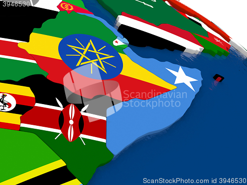 Image of Somalia and Ethiopia on 3D map with flags