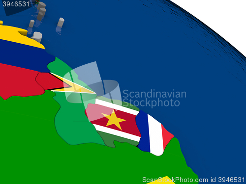 Image of Guynea and Suriname  on 3D map with flags