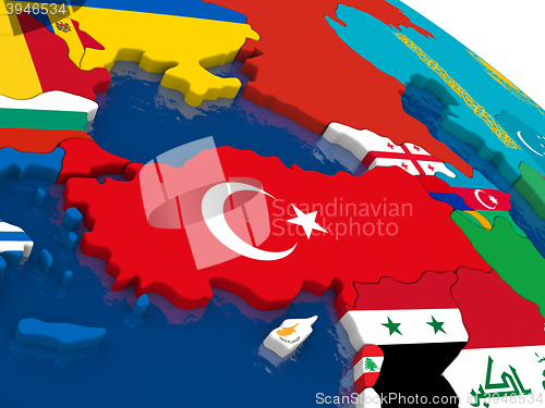 Image of Turkey on 3D map with flags