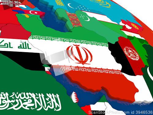 Image of Iran on 3D map with flags