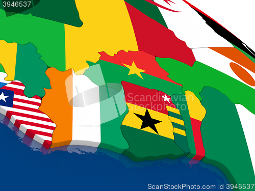 Image of Ivory Coast, Ghana and Burkina Faso on 3D map with flags