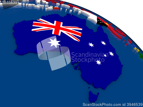 Image of Australia on 3D map with flags