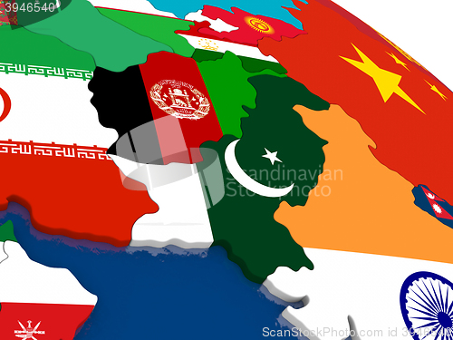 Image of Afghanistan and Pakistan on 3D map with flags