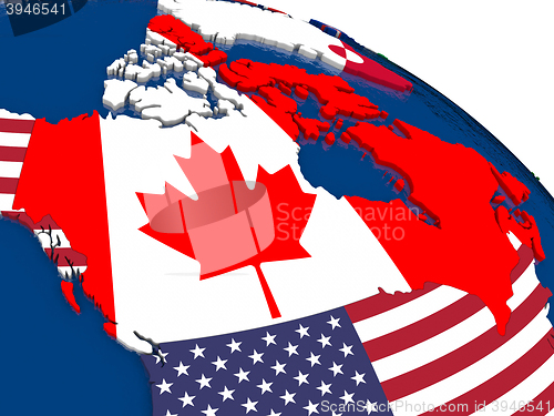 Image of Canada on 3D map with flags