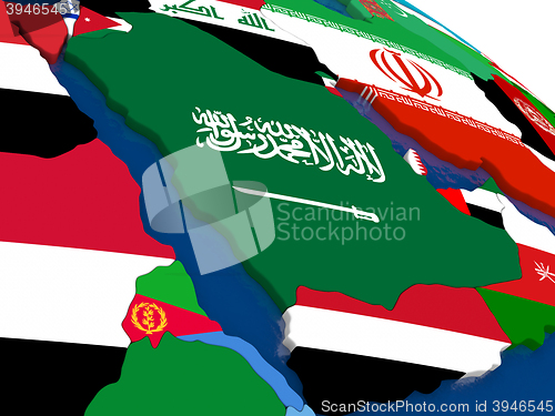 Image of Arab peninsula on 3D map with flags