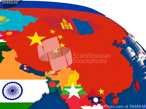 Image of China on 3D map with flags