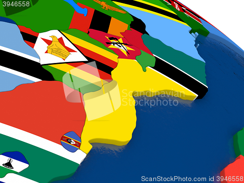 Image of Mozambique and Zimbabwe on 3D map with flags