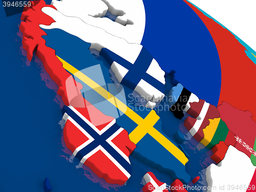 Image of Scandinavia on 3D map with flags