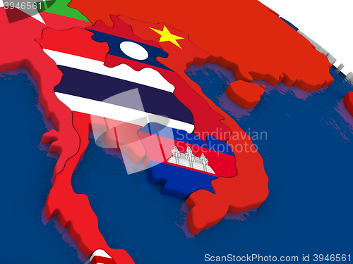 Image of Laos and Cambodia on 3D map with flags