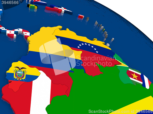 Image of Colombia and Venezuela on 3D map with flags