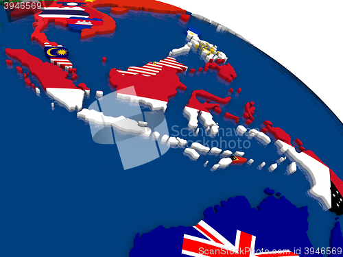 Image of Indonesia on 3D map with flags