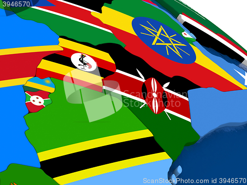 Image of Kenya, Uganda, Rwanda and Burundi on 3D map with flags