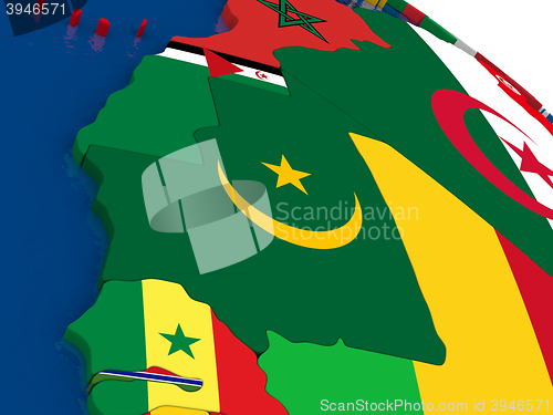 Image of Mauritania on 3D map with flags