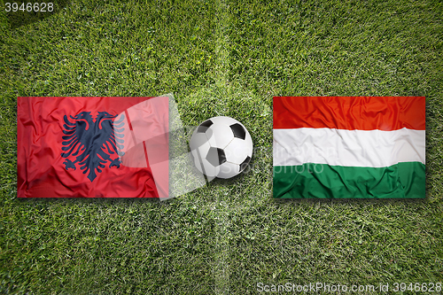 Image of Albania vs. Hungary flags on soccer field