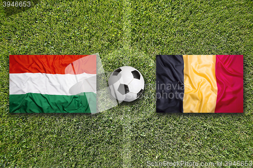 Image of Hungary vs. Belgium flags on soccer field