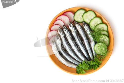 Image of Small salted fish anchovies on the plate with cucumber and herbs