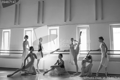 Image of The seven ballerinas at ballet bar