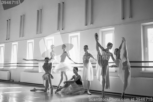 Image of The seven ballerinas at ballet bar