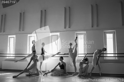 Image of The seven ballerinas at ballet bar