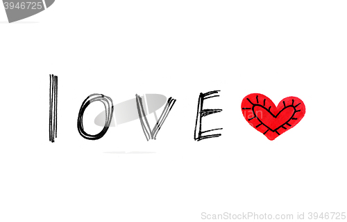 Image of Word ''Love'' with abstract heart on white background