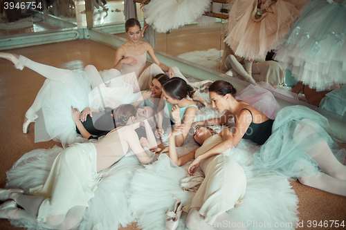 Image of The seven ballerinas against ballet bar