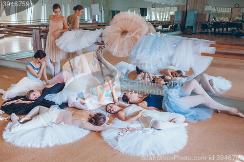 Image of The seven ballerinas against ballet bar