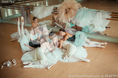 Image of The seven ballerinas against ballet bar