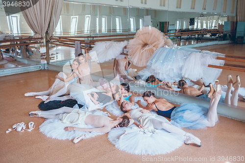 Image of The seven ballerinas against ballet bar