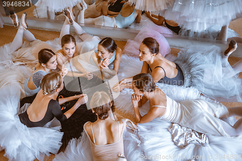 Image of The seven ballerinas against ballet bar