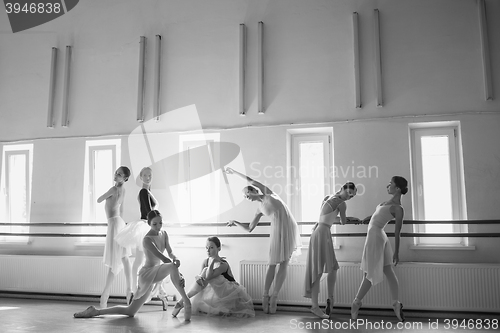 Image of The seven ballerinas at ballet bar