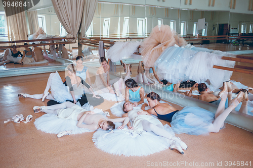 Image of The seven ballerinas against ballet bar