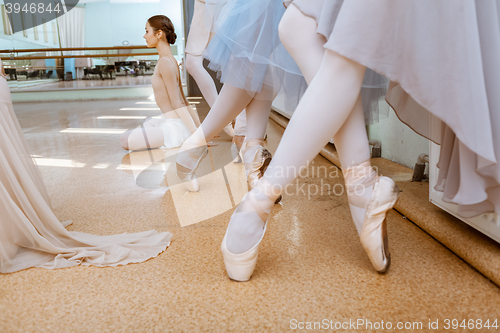 Image of The close-up feet of young ballerinas in pointe shoes