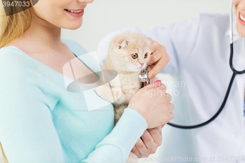 Image of close up of vet with stethoscope and cat at clinic