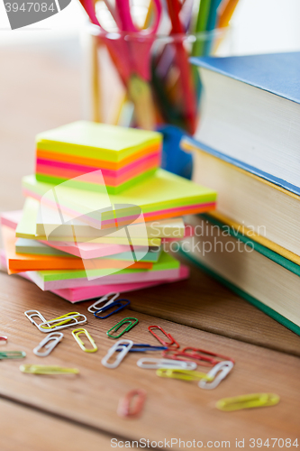 Image of close up of pens, books, clips and stickers