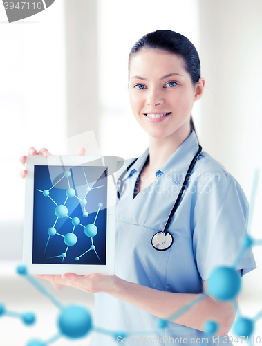 Image of female doctor with tablet pc and molecules