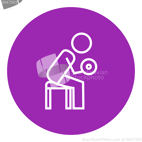 Image of Man exercising with dumbbells line icon.