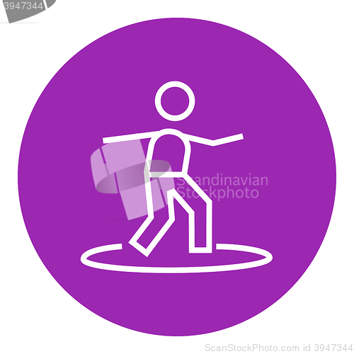 Image of Male surfer riding on surfboard line icon.