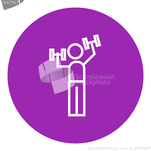 Image of Man exercising with dumbbells line icon.