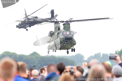 Image of LEEUWARDEN, THE NETHERLANDS - JUN 11, 2016: Dutch Chinook and Ap