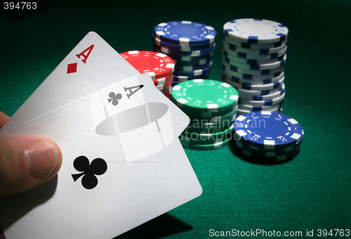 Image of Looking at pocket aces during a poker game.