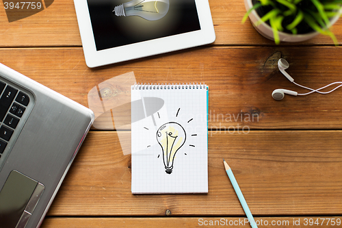 Image of close up of notebook, laptop and tablet pc on wood