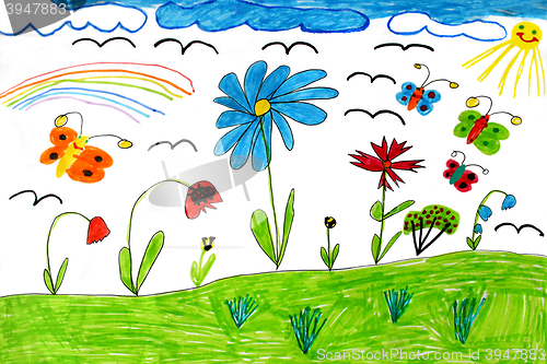 Image of Children's drawing with butterflies and flowers