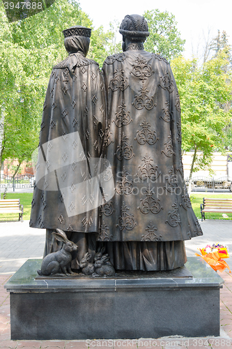 Image of Sergiev Posad - August 10, 2015: Back view of the twentieth sculptural composition dedicated to the Holy Prince Petr and Princess Fevronia Murom installed in Sergiev Posad