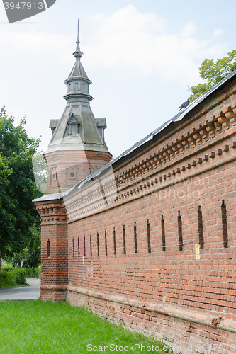 Image of Sergiev Posad - August 10, 2015: Old wall extending from the retail shops around pafnutevskigo garden at Holy Trinity St. Sergius Lavra in Sergiev Posad