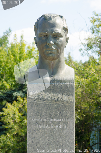 Image of Moscow, Russia - August 10, 2015: Monument to cosmonaut Pavel Belyaev at the Alley of cosmonauts at the monument \"Conquerors of Space\" in Moscow