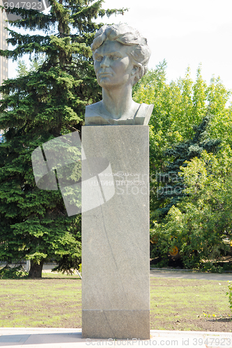 Image of Moscow, Russia - August 10, 2015: Monument to cosmonaut Valentina Tereshkova at the Alley of cosmonauts at the monument \"Conquerors of Space\" in Moscow