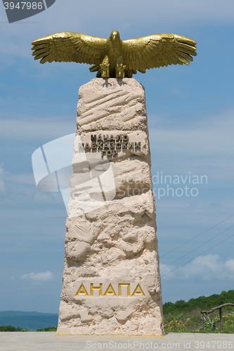 Image of Anapa, Russia - May 13, 2016: Monument stele \"Soaring Eagle\" with the word beginning of the Caucasian mountains set in the suburbs of Anapa