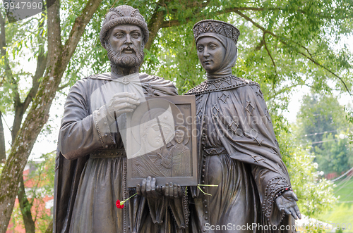 Image of Sergiev Posad - August 10, 2015: Close-up of individual sculptural composition of the Holy Prince Petr and Princess Fevronia Murom in Sergiev Posad, twentieth composition
