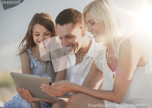 Image of happy family with tablet pc taking picture