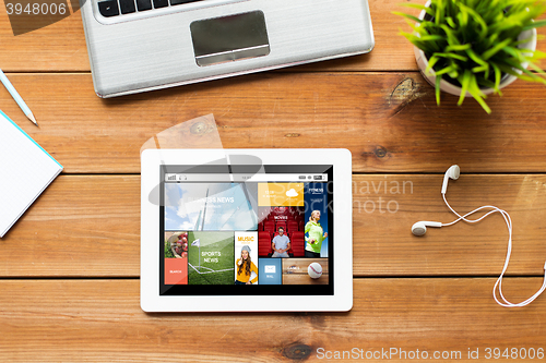 Image of close up of tablet pc computer on wooden table